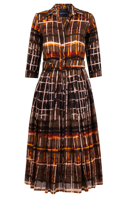 Audrey Dress #4 Shirt Collar 3/4 Sleeve Midi Length Wool (Watercolor Plaid) - Camel