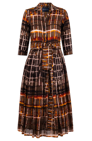 Audrey Dress #4 Shirt Collar 3/4 Sleeve Midi Length Wool (Watercolor Plaid) - Camel
