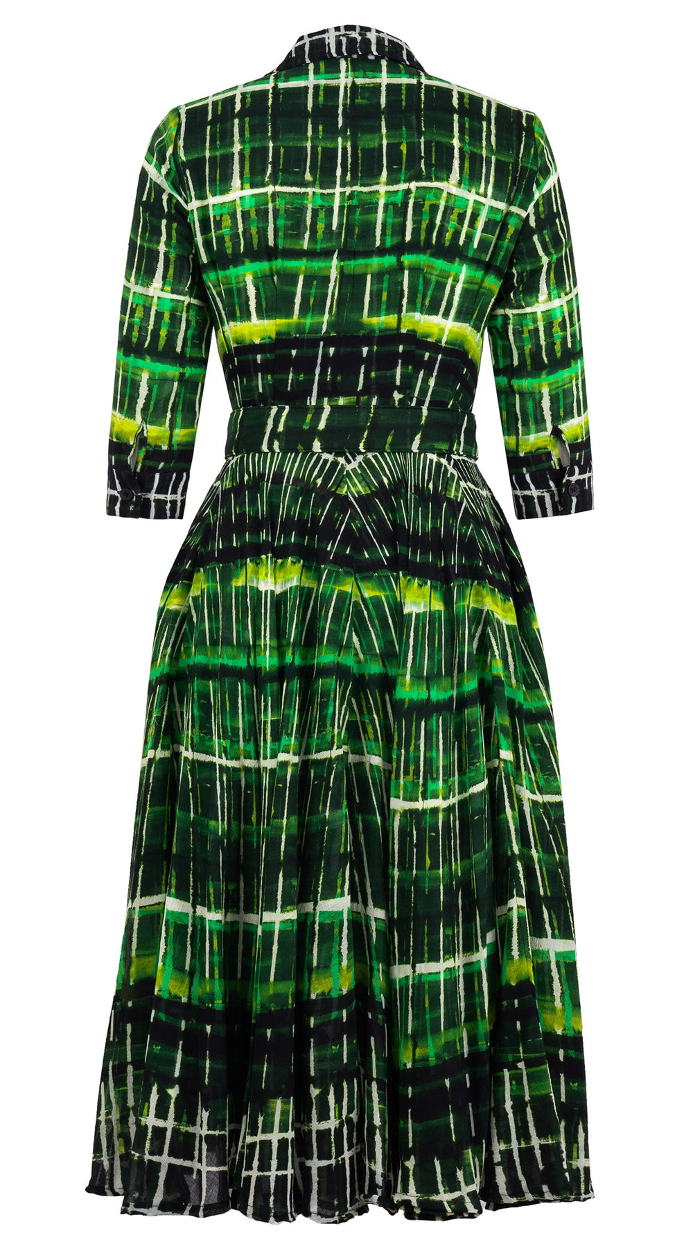 Aster Dress Shirt Collar 3/4 Sleeve Midi Length Wool (Watercolor Plaid Big) - Green