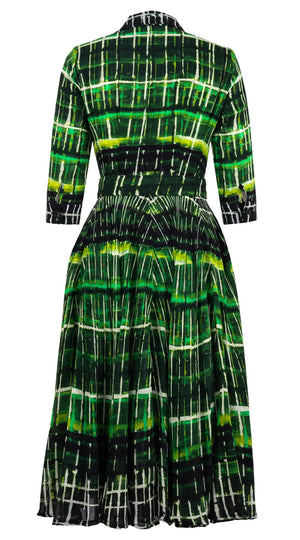 Aster Dress Shirt Collar 3/4 Sleeve Midi Length Wool Musola (Watercolor Plaid) - Green