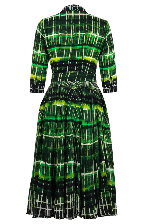 Aster Dress Shirt Collar 3/4 Sleeve Midi Length Wool (Watercolor Plaid) - Green