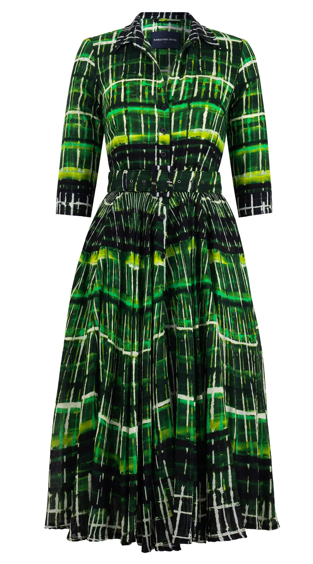 Aster Dress Shirt Collar 3/4 Sleeve Midi Length Wool Musola (Watercolor Plaid) - Green