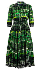 Aster Dress Shirt Collar 3/4 Sleeve Midi Length Wool Musola (Watercolor Plaid) - Green