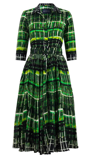 Aster Dress Shirt Collar 3/4 Sleeve Midi Length Wool Musola (Watercolor Plaid) - Green
