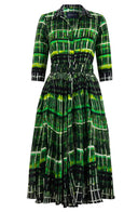 Aster Dress Shirt Collar 3/4 Sleeve Midi Length Wool (Watercolor Plaid) - Green