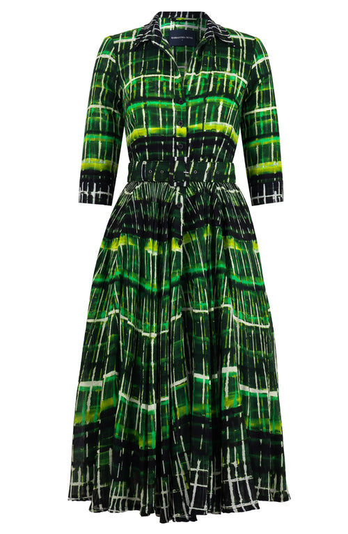 Aster Dress Shirt Collar 3/4 Sleeve Midi Length Wool (Watercolor Plaid) - Green