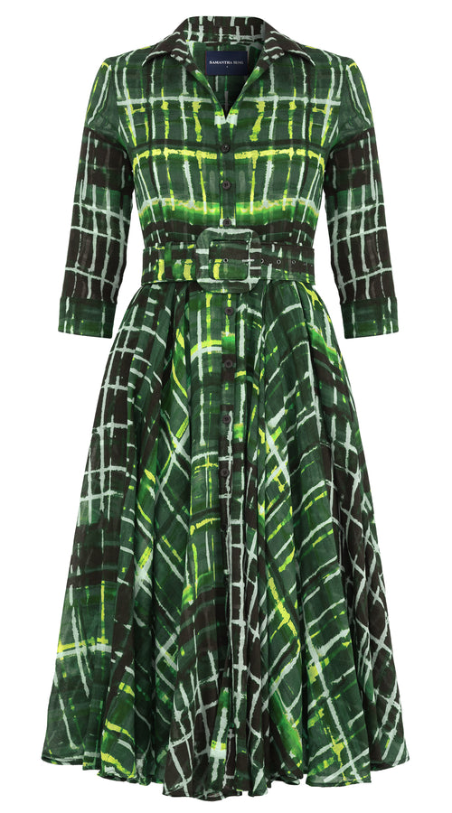 Aster Dress Shirt Collar 3/4 Sleeve Midi Length Wool Musola (Watercolor Plaid) - Green