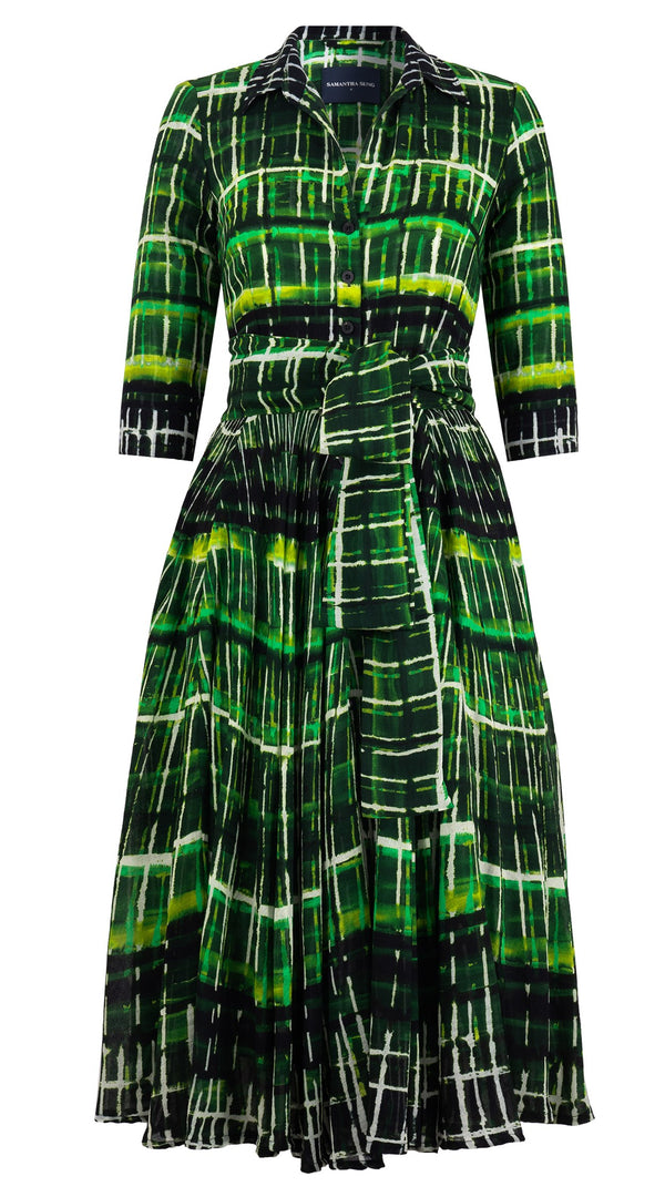 Aster Dress Shirt Collar 3/4 Sleeve Midi Length Wool Musola (Watercolor Plaid) - Green