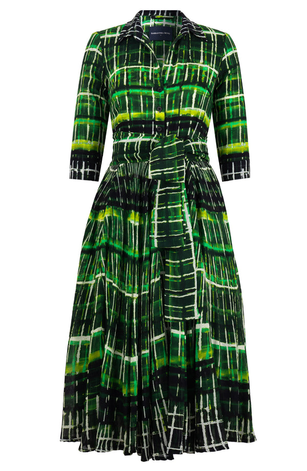 Aster Dress Shirt Collar 3/4 Sleeve Midi Length Wool (Watercolor Plaid) - Green