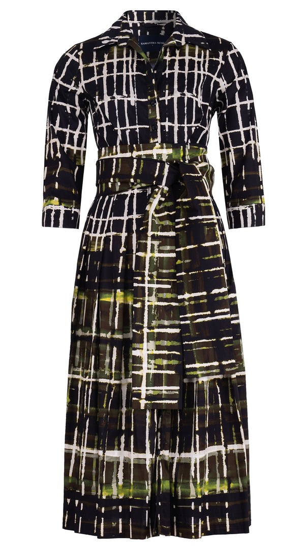Audrey Dress #1 Shirt Collar 3/4 Sleeve Midi Length Cotton Stretch (Watercolor Plaid)