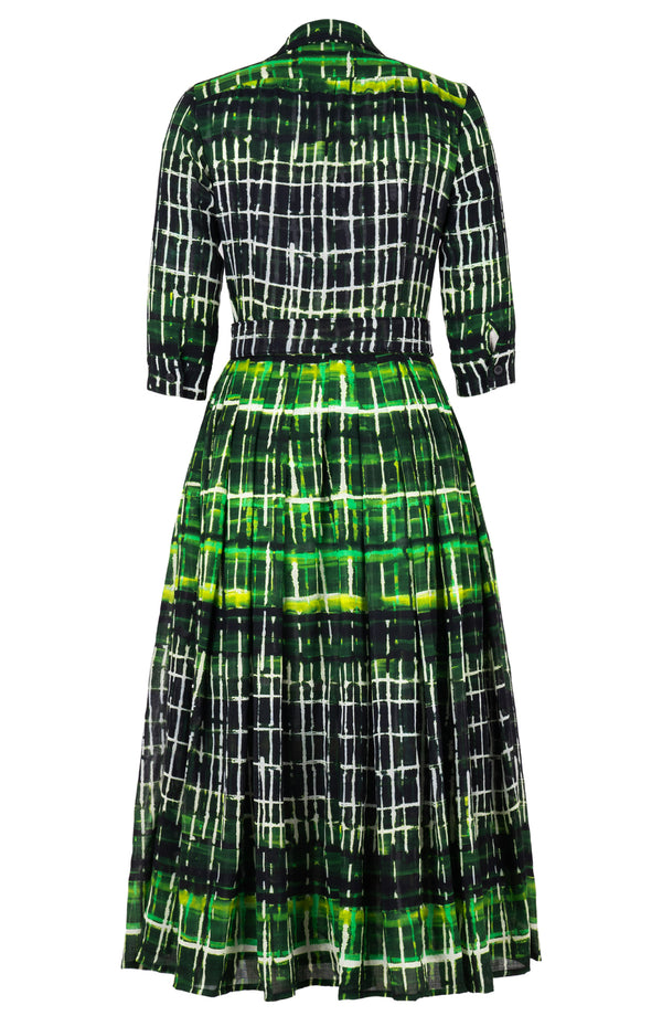 Audrey Dress #4 Shirt Collar 3/4 Sleeve Midi Plus Length Wool (Watercolor Plaid) - Green