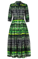 Audrey Dress #4 Shirt Collar 3/4 Sleeve Midi Plus Length Wool (Watercolor Plaid) - Green