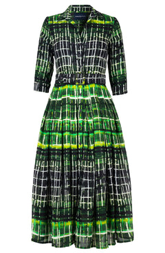 Audrey Dress #4 Shirt Collar 3/4 Sleeve Midi Plus Length Wool (Watercolor Plaid) - Green