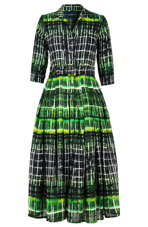 Audrey Dress #4 Shirt Collar 3/4 Sleeve Midi Plus Length Wool (Watercolor Plaid) - Green