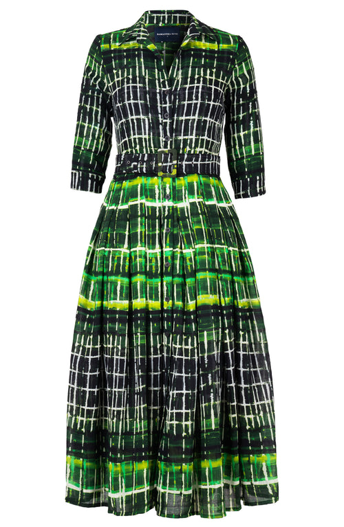 Audrey Dress #4 Shirt Collar 3/4 Sleeve Midi Plus Length Wool (Watercolor Plaid) - Green
