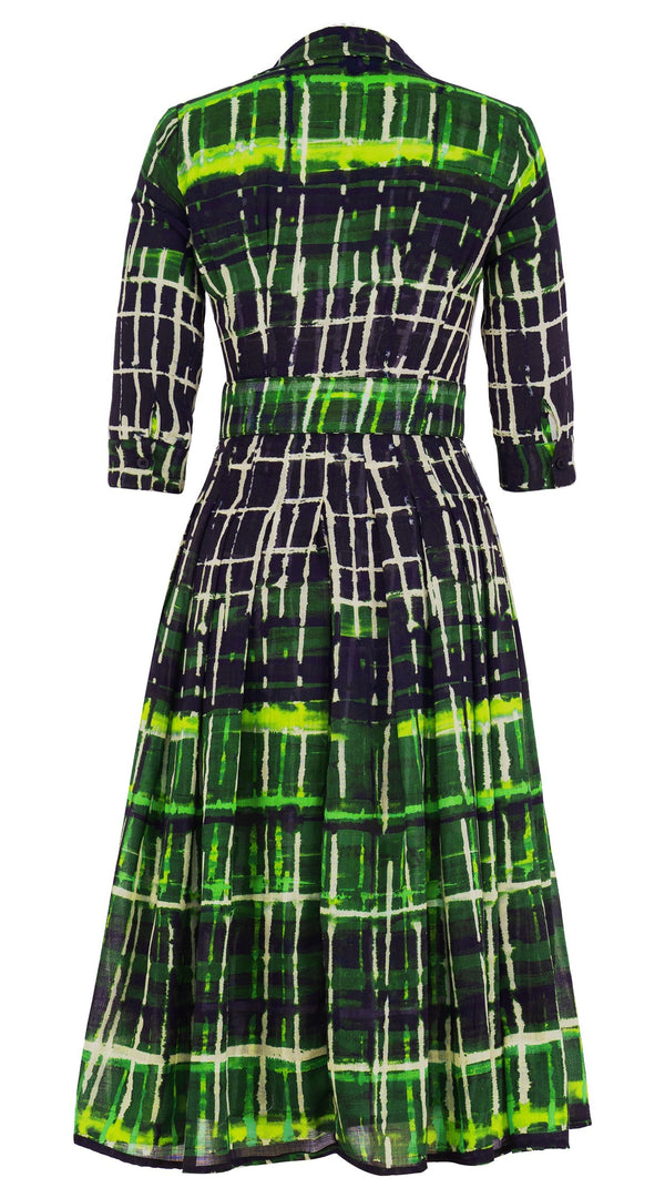Audrey Dress #4 Shirt Collar 3/4 Sleeve Midi Length Wool Musola (Watercolor Plaid Big) - Green