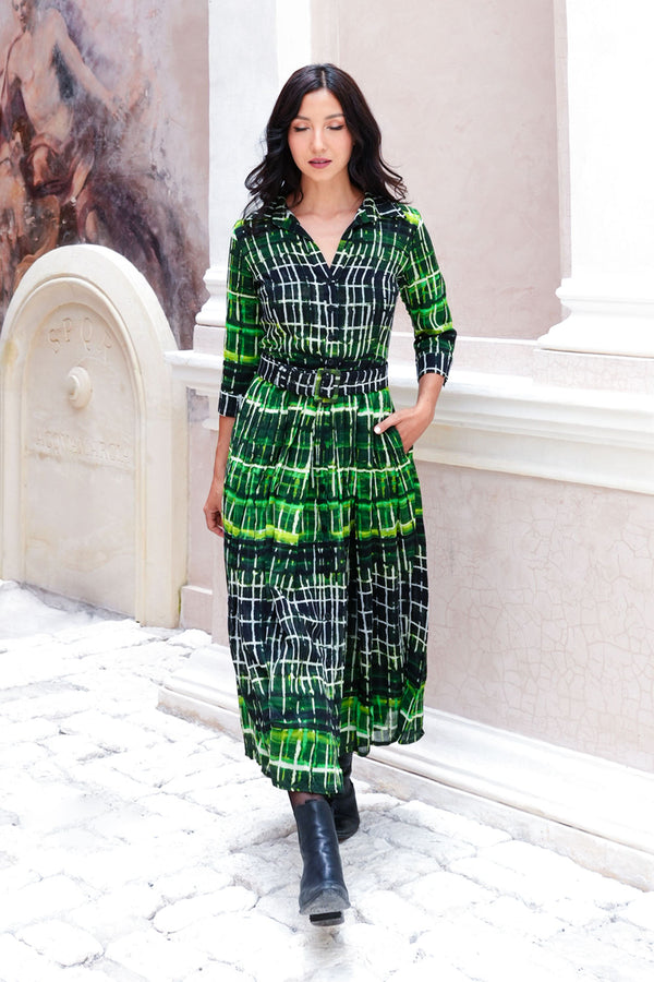 Audrey Dress #4 Shirt Collar 3/4 Sleeve Midi Length Wool (Watercolor Plaid Big) - Green