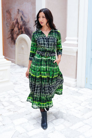 Audrey Dress #4 Shirt Collar 3/4 Sleeve Midi Length Wool (Watercolor Plaid Big) - Green