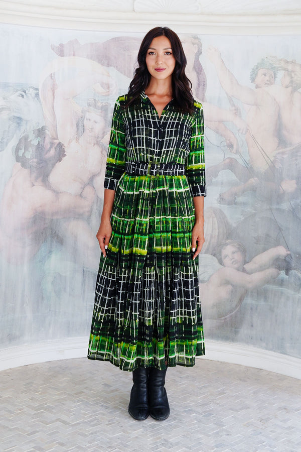 Audrey Dress #4 Shirt Collar 3/4 Sleeve Midi Length Wool (Watercolor Plaid Big) - Green