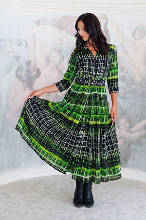 Audrey Dress #4 Shirt Collar 3/4 Sleeve Midi Length Wool (Watercolor Plaid Big) - Green