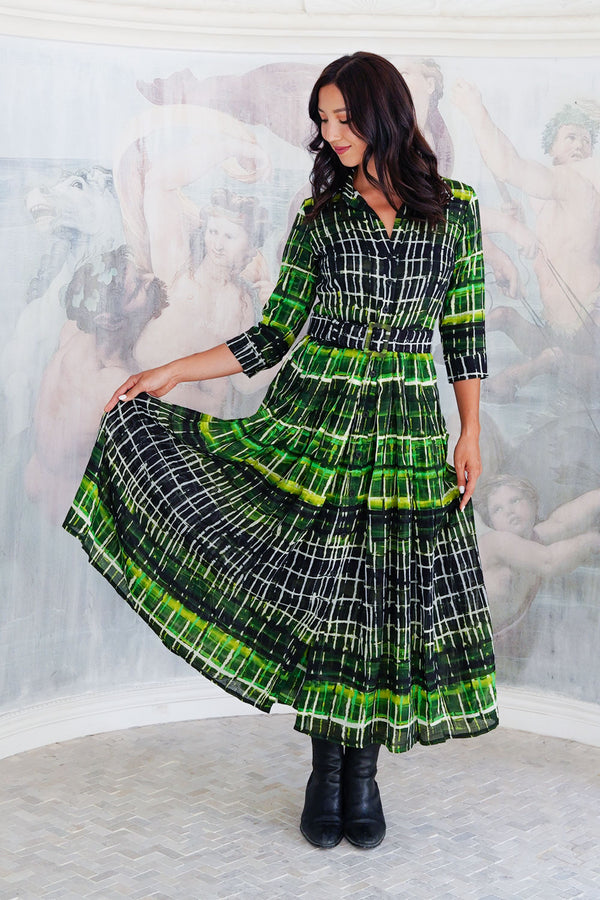 Audrey Dress #4 Shirt Collar 3/4 Sleeve Midi Length Wool (Watercolor Plaid Big) - Green