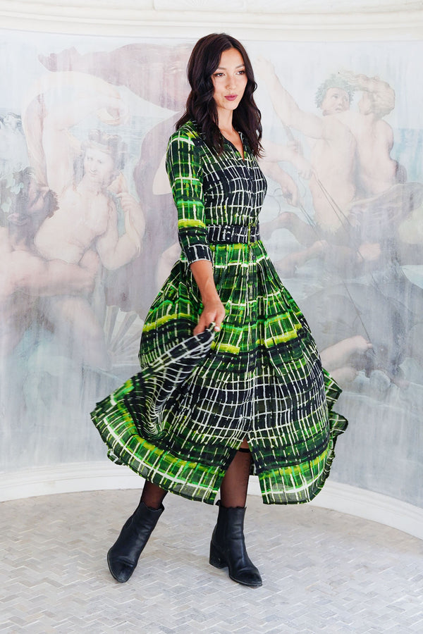 Audrey Dress #4 Shirt Collar 3/4 Sleeve Midi Length Wool (Watercolor Plaid Big) - Green