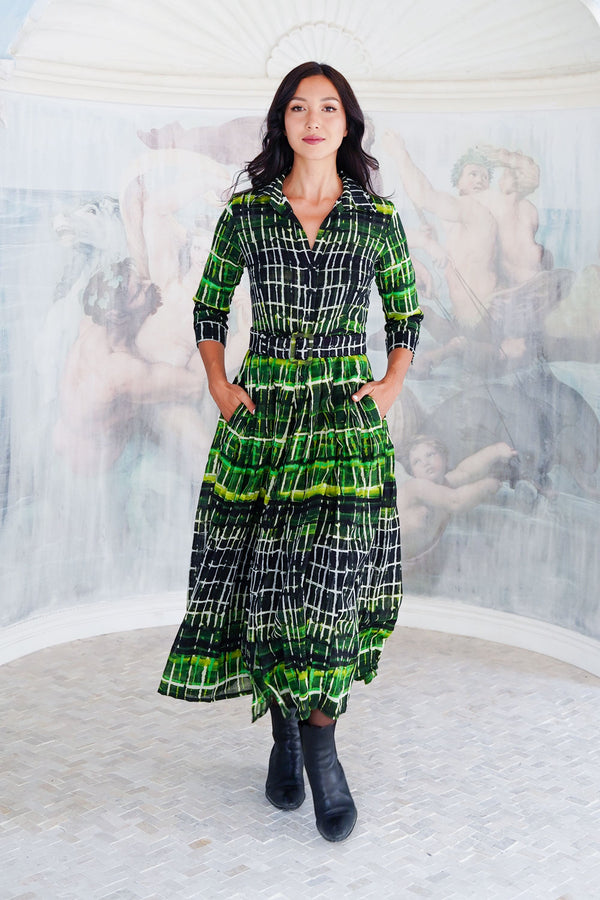 Audrey Dress #4 Shirt Collar 3/4 Sleeve Midi Length Wool (Watercolor Plaid Big) - Green