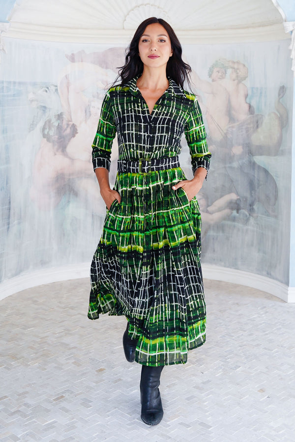 Audrey Dress #4 Shirt Collar 3/4 Sleeve Midi Length Wool (Watercolor Plaid Big) - Green