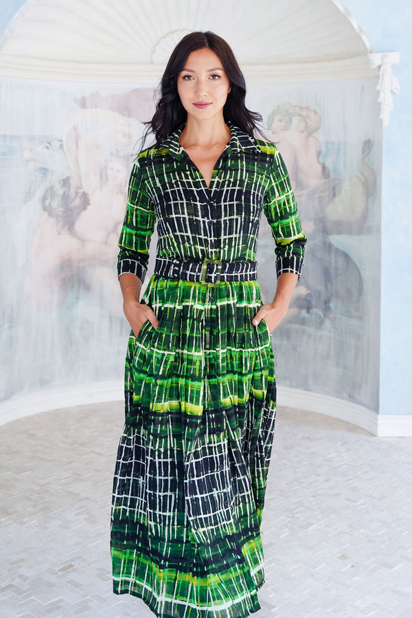 Audrey Dress #4 Shirt Collar 3/4 Sleeve Midi Length Wool (Watercolor Plaid Big) - Green