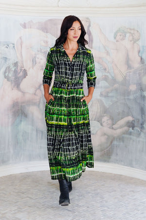 Audrey Dress #4 Shirt Collar 3/4 Sleeve Midi Length Wool (Watercolor Plaid Big) - Green