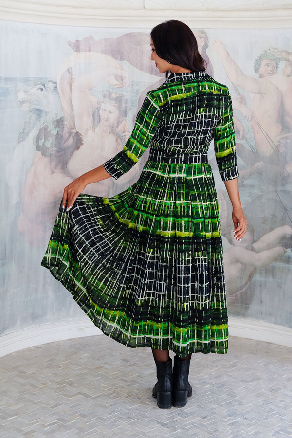 Audrey Dress #4 Shirt Collar 3/4 Sleeve Midi Length Wool (Watercolor Plaid Big) - Green