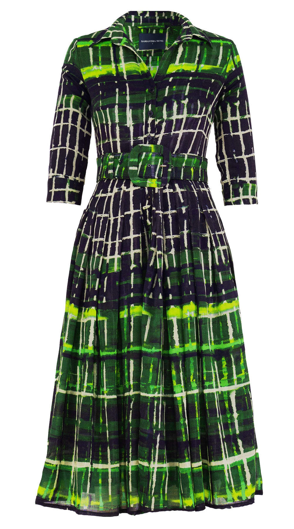 Audrey Dress #4 Shirt Collar 3/4 Sleeve Midi Length Wool Musola (Watercolor Plaid Big) - Green
