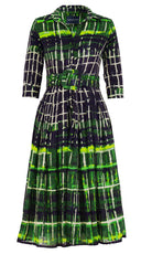 Audrey Dress #4 Shirt Collar 3/4 Sleeve Midi Length Wool Musola (Watercolor Plaid Big) - Green