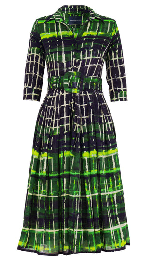 Audrey Dress #4 Shirt Collar 3/4 Sleeve Midi Length Wool Musola (Watercolor Plaid Big) - Green