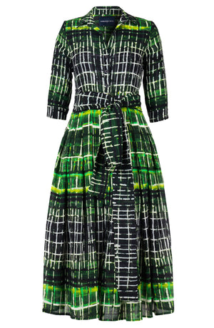Audrey Dress #4 Shirt Collar 3/4 Sleeve Midi Plus Length Wool (Watercolor Plaid) - Green