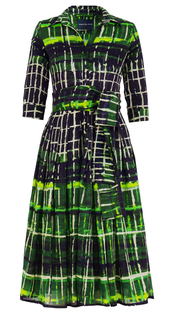 Audrey Dress #4 Shirt Collar 3/4 Sleeve Midi Length Wool Musola (Watercolor Plaid Big) - Green