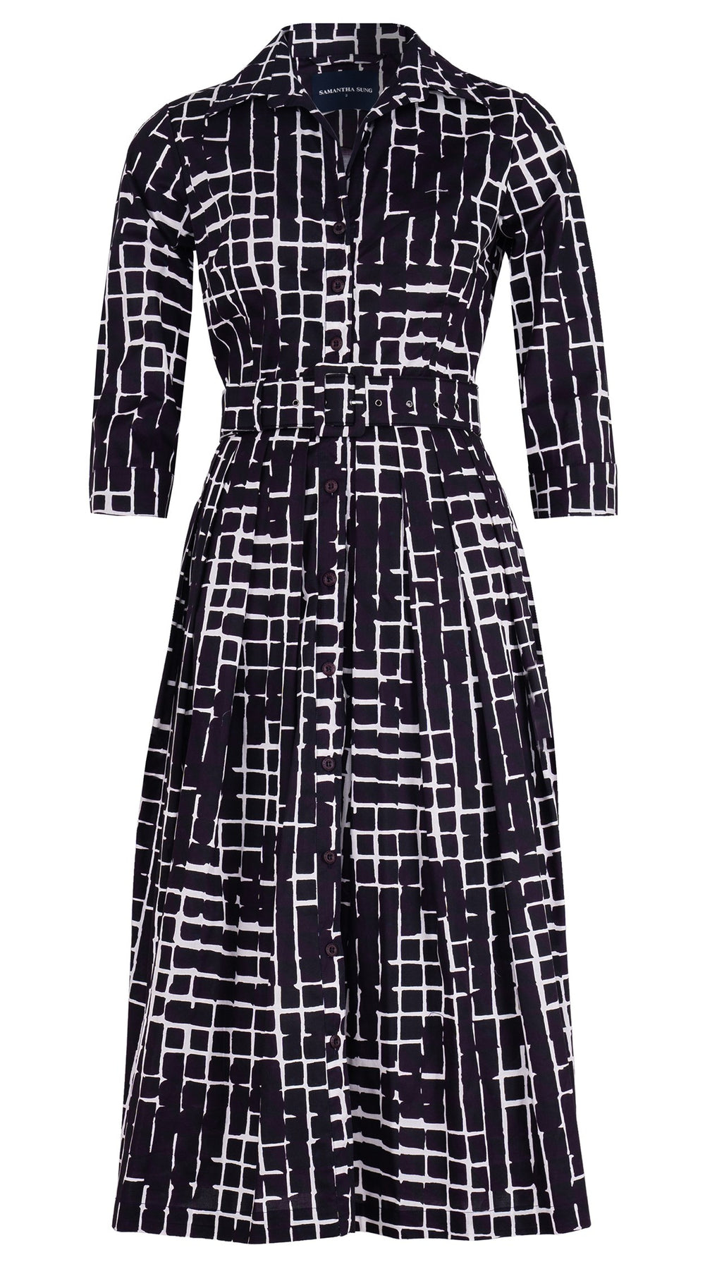 Audrey Dress #1 Shirt Collar 3/4 Sleeve Midi Length Cotton Stretch (Watercolor Plaid)