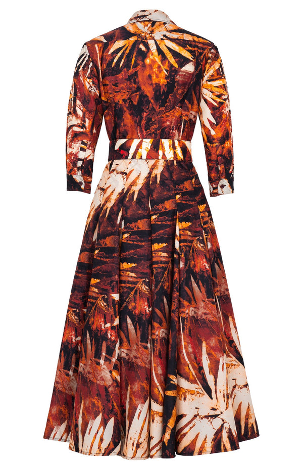 Samantha Dress Shirt Collar 3/4 Sleeve Midi Plus Length Poliamide Taffta (Watercolor Palm)