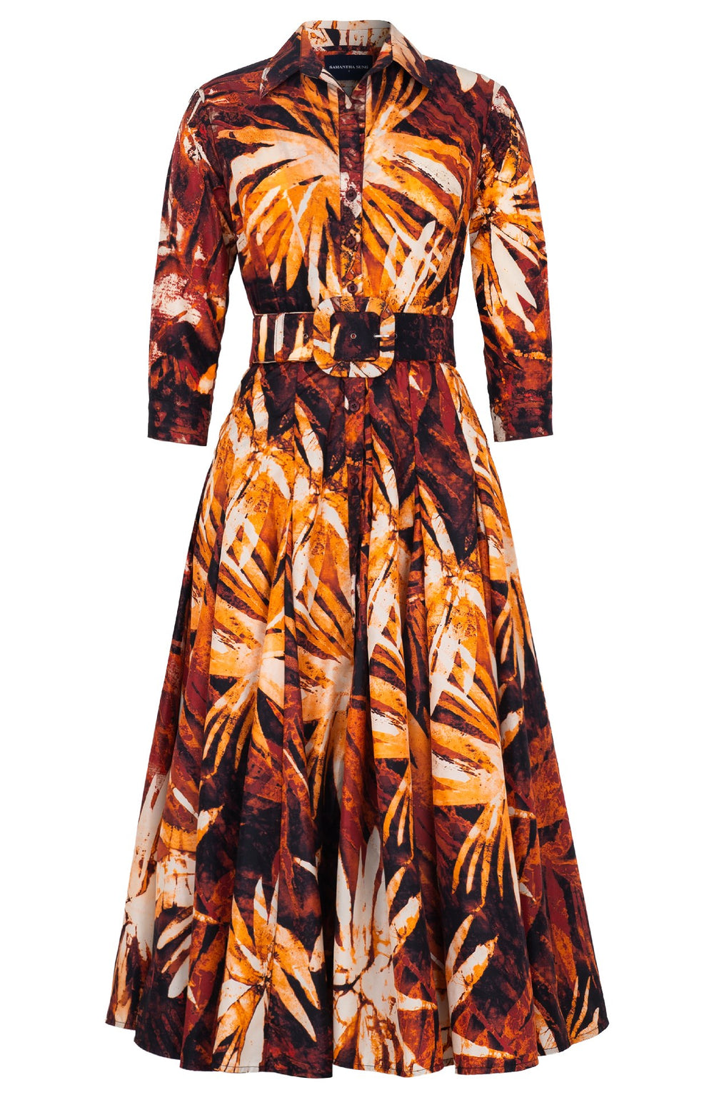 Samantha Dress Shirt Collar 3/4 Sleeve Midi Plus Length Poliamide Taffta (Watercolor Palm)