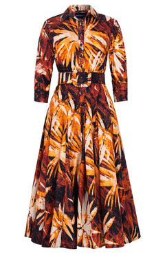 Samantha Dress Shirt Collar 3/4 Sleeve Midi Plus Length Poliamide Taffta (Watercolor Palm)