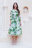 Aster Dress Shirt Collar 3/4 Sleeve Midi Length Cotton Musola (Watercolor Soursop Pastel)