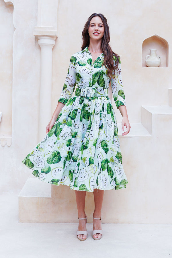 Aster Dress Shirt Collar 3/4 Sleeve Midi Length Cotton Musola (Watercolor Soursop Pastel)