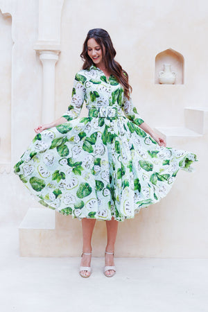 Aster Dress Shirt Collar 3/4 Sleeve Midi Length Cotton Musola (Watercolor Soursop Pastel)