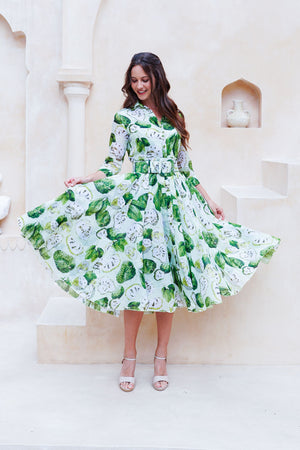 Aster Dress Shirt Collar 3/4 Sleeve Midi Length Cotton Musola (Watercolor Soursop Pastel)