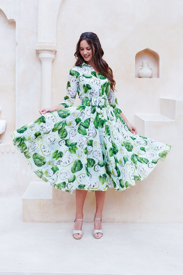 Aster Dress Shirt Collar 3/4 Sleeve Midi Length Cotton Musola (Watercolor Soursop Pastel)