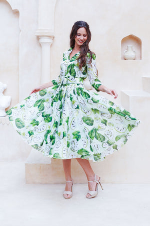 Aster Dress Shirt Collar 3/4 Sleeve Midi Length Cotton Musola (Watercolor Soursop Pastel)