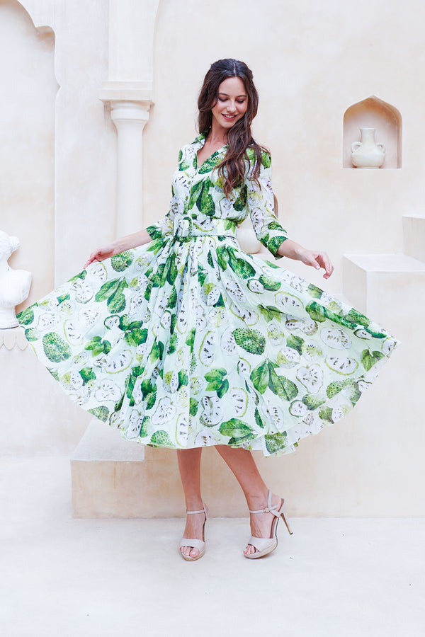 Aster Dress Shirt Collar 3/4 Sleeve Midi Length Cotton Musola (Watercolor Soursop Pastel)