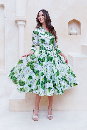 Aster Dress Shirt Collar 3/4 Sleeve Midi Length Cotton Musola (Watercolor Soursop Pastel)