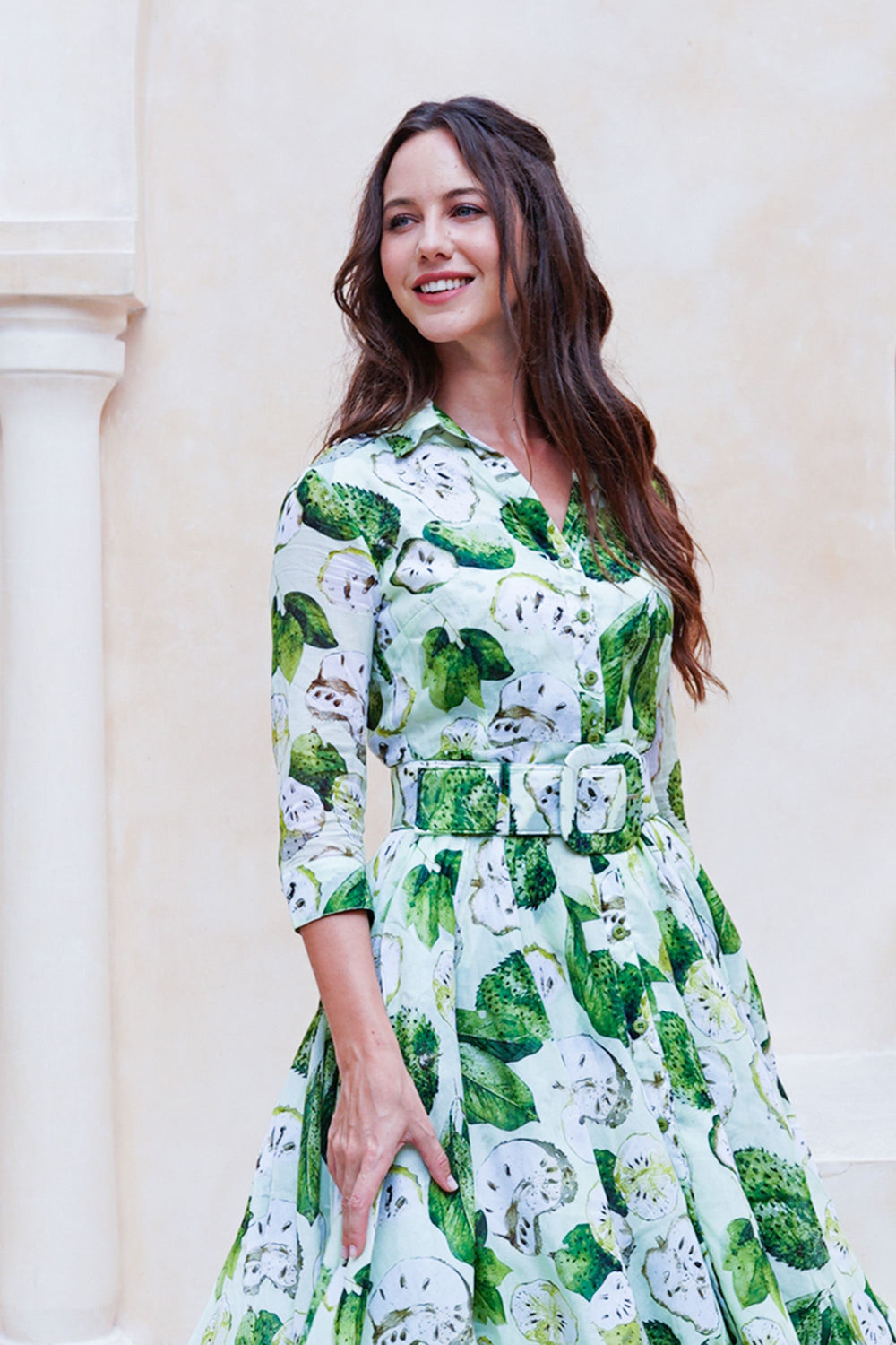 Aster Dress Shirt Collar 3/4 Sleeve Midi Length Cotton Musola (Watercolor Soursop Pastel)