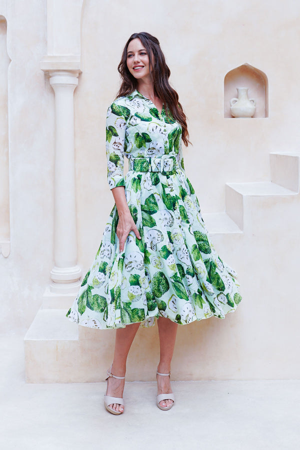 Aster Dress Shirt Collar 3/4 Sleeve Midi Length Cotton Musola (Watercolor Soursop Pastel)